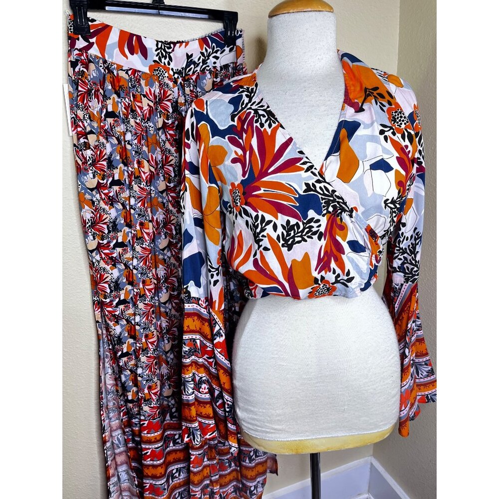 Maaji Bohemian Floral Wrap Top & Wide Leg Pants Swim Cover Up Set Size M / L